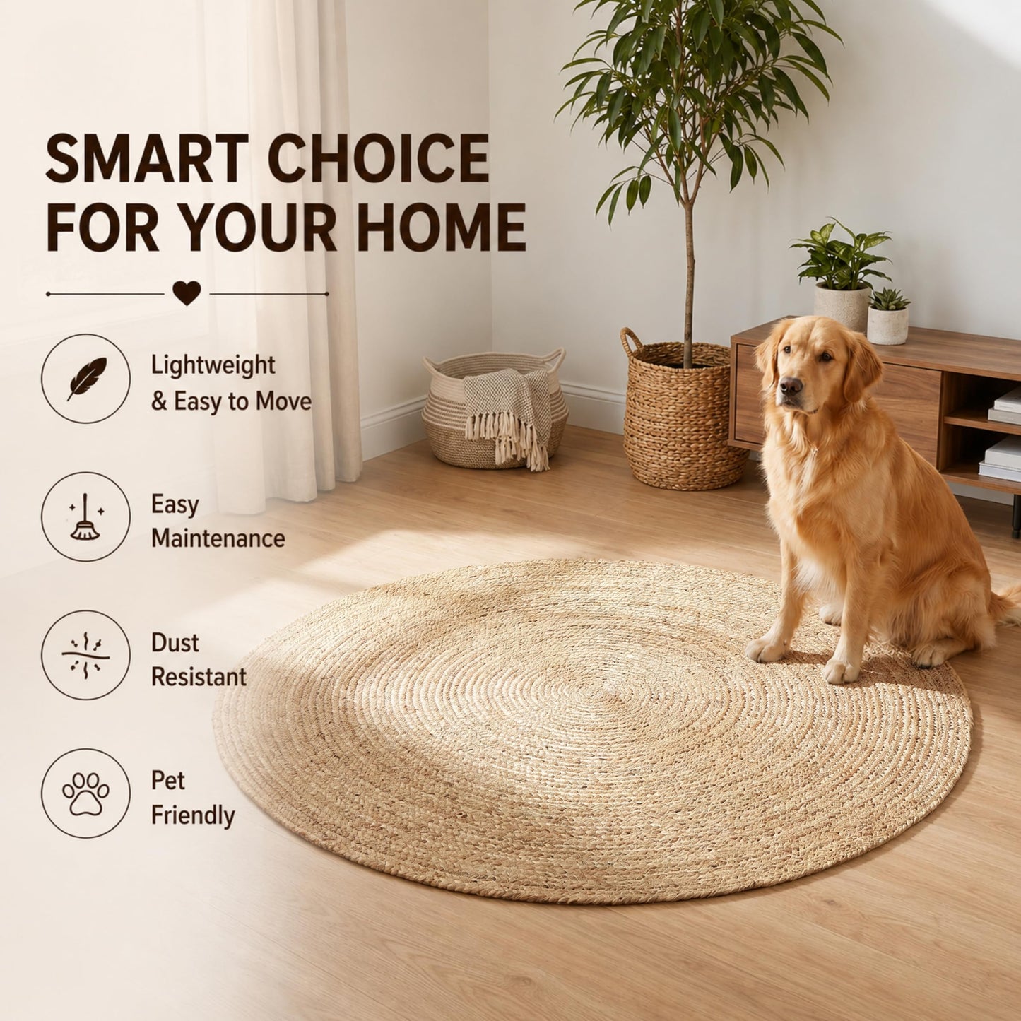 Jute Braided Area Rug, Natural - 4 Feet Round, Boho Neutral Rattan Circle Hand Woven Rugs for Living Room, Bedroom, Nursery, Kitchen, Indoor Use | Farmhouse Rustic Patio Floor Mat for Home Décor