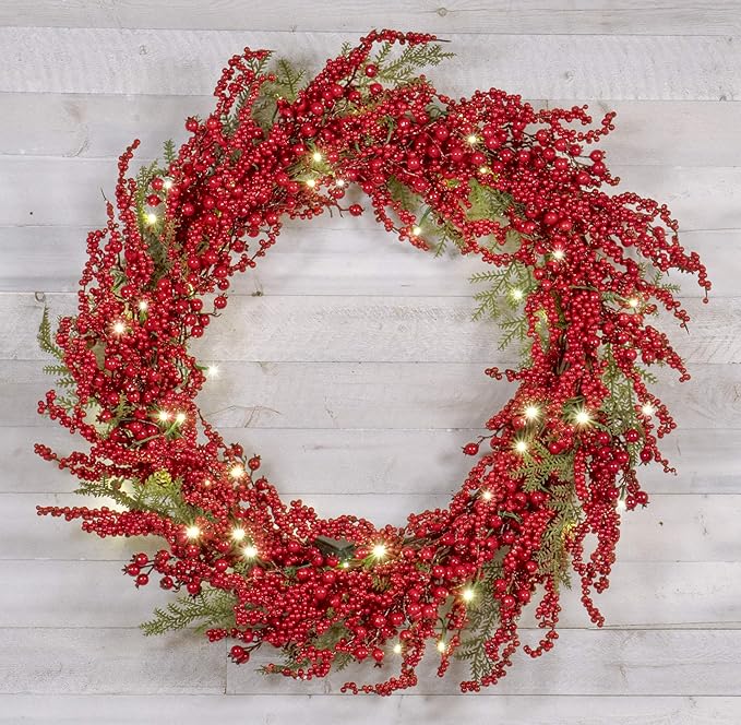 Red Co. 30” Light-Up Christmas Wreath with Red Cranberries, Battery-Operated LED Lights with Timer