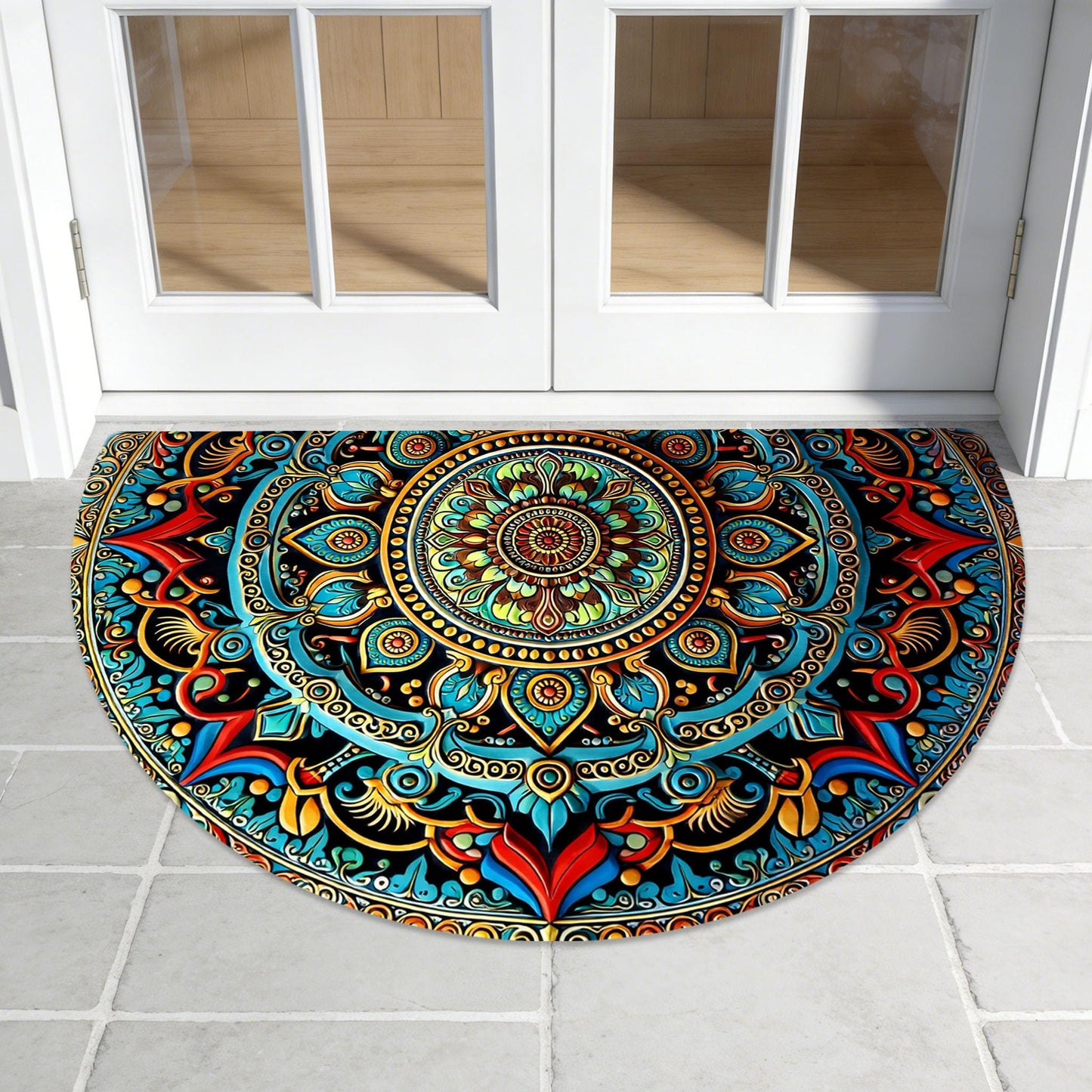 Half Circle Door Mat 24"x36" Non-Slip Washable Welcome Mat, Bohemian Mandala Style Low Profile Front Door Mat Semicircular Entrance Doormat, Dirt Trapper Floor Mat for Indoor Outdoor Entryway Patio