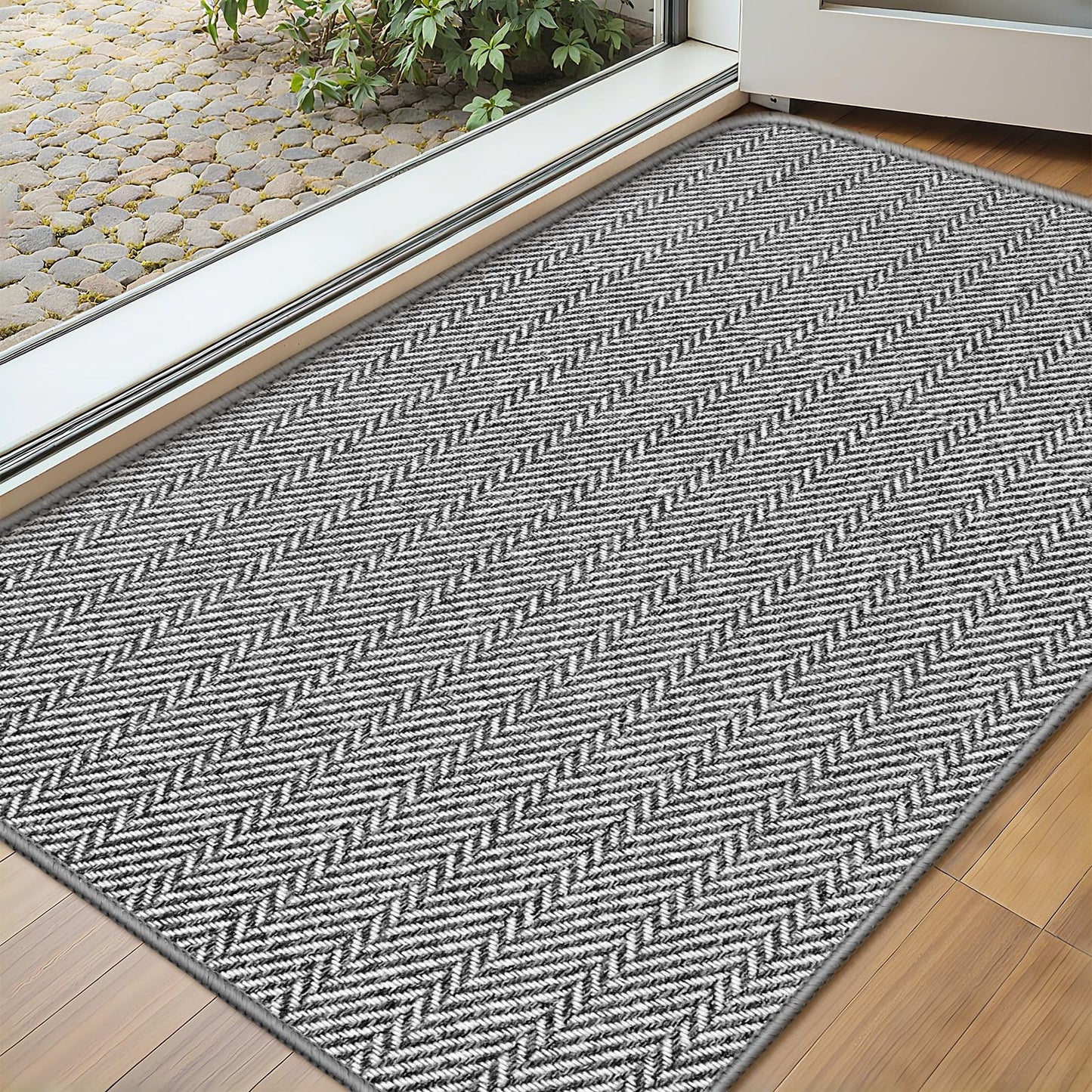 BEISIFLOOR Ultra Thin Door Mat Indoor Entrance 17"x29", Low-Profile Indoor Door Mat, Non Slip Entry Mat Rubber Backing Unique Herringbone Design Inside Doormat Dirt Trapper Entryway Mats, Grey