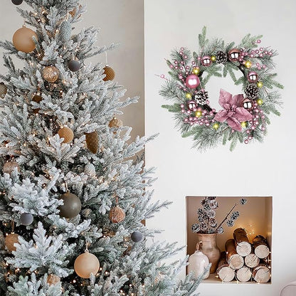 20" Christmas Wreaths for Front Door, Artificial Christmas Wreath Decoration with Lights, Winter Wreaths with Pine Cones,Bow,Balls Ornaments for Indoor Outdoor Home Decor (Pink)
