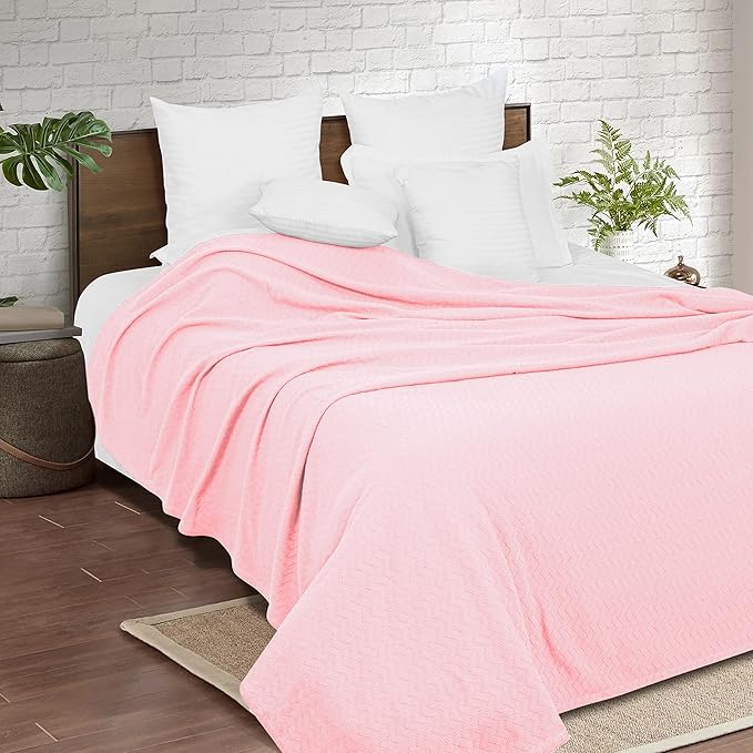 BELIZZI HOME 100% Cotton Bed Blanket, Breathable Thermal Blanket Full - Queen Size, Soft Chevron 90''x90'', Perfect for Layering Any All Season, Pink