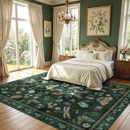 AIMPEAK Insect Washable Rugs 8x10 Dark Green, Soft Butterfly 8x10 Area Rugs for Living Room Indoor, Non Slip Bug Bedroom Rug Under Bed Thin Large Carpet with Flowers for Dining Room Office Playroom