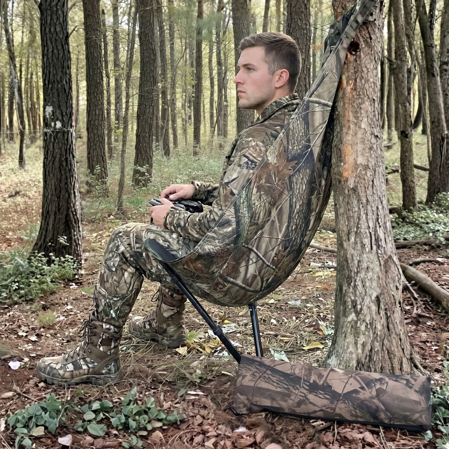 Portable Hunting Chair – Adjustable Height Silent Swivel Tree & Ground Seat, Lightweight Folding Hammock-Style Camp Chair for Deer, Turkey & Duck Hunting