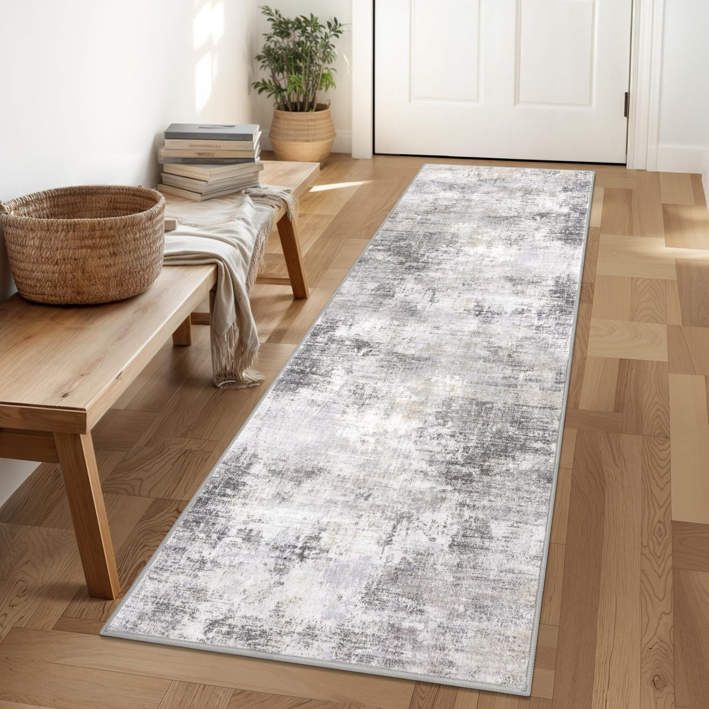 IOHOUZE Abstract Runner Rug 2x6 Ft Washable Runners for Hallways, Non Slip Kitchen Runner Printed Faux Wool Entryway Runner Indoor, Modern Abstract Floor Carpet for Hall Kitchen Bedroom, Grey Beige