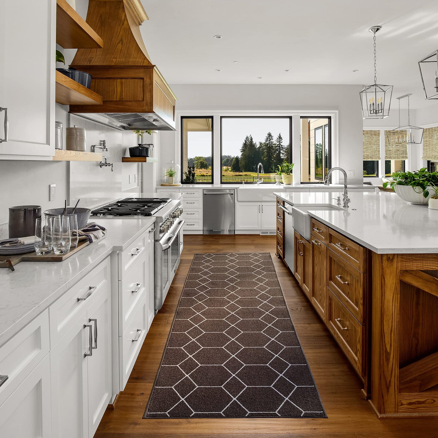 Custom Made Runner Rug for Kitchen Foyer Hallway Entry Choose Your Length Size 26 Inch Wide Geometric Lattice Design Brown Color (15 feet x 26 inch)