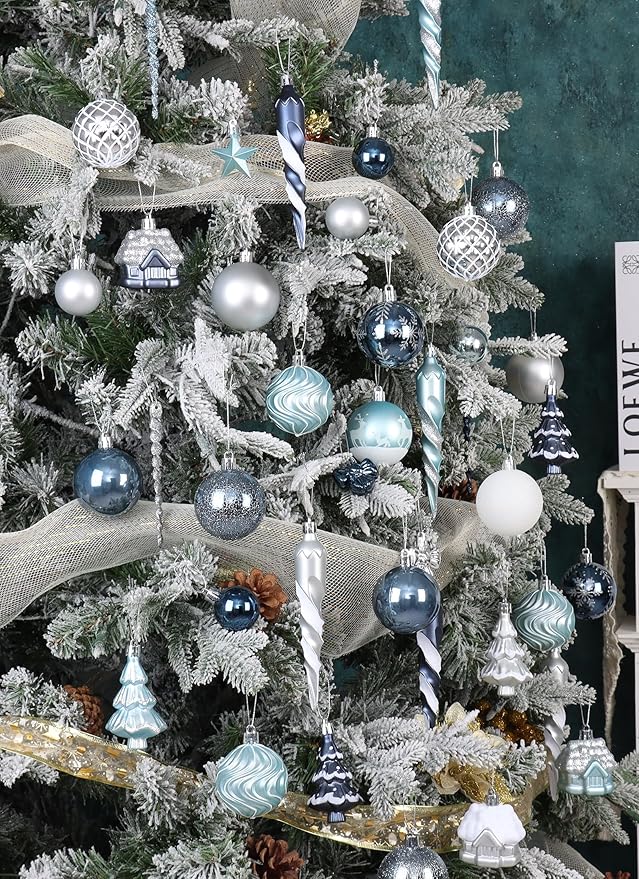 124Ct Blue Silver and White Christmas Tree Ornaments Set,Shatterproof Assorted Christmas Decorations for Xmas Tree Snowflake Icicle House Ball Ornaments Baubles for Holiday Party Decor（Blue & Silver）