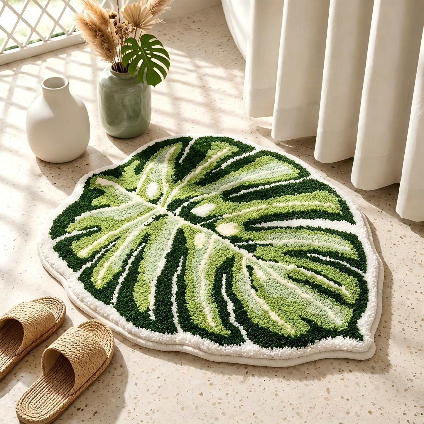 Softania Monstera Bath Mat, Green Leaf Bathroom Rug, Soft Non Slip Washable Plant Bath Mat for Tropical Green Boho Bathroom Decor (21" x 26")