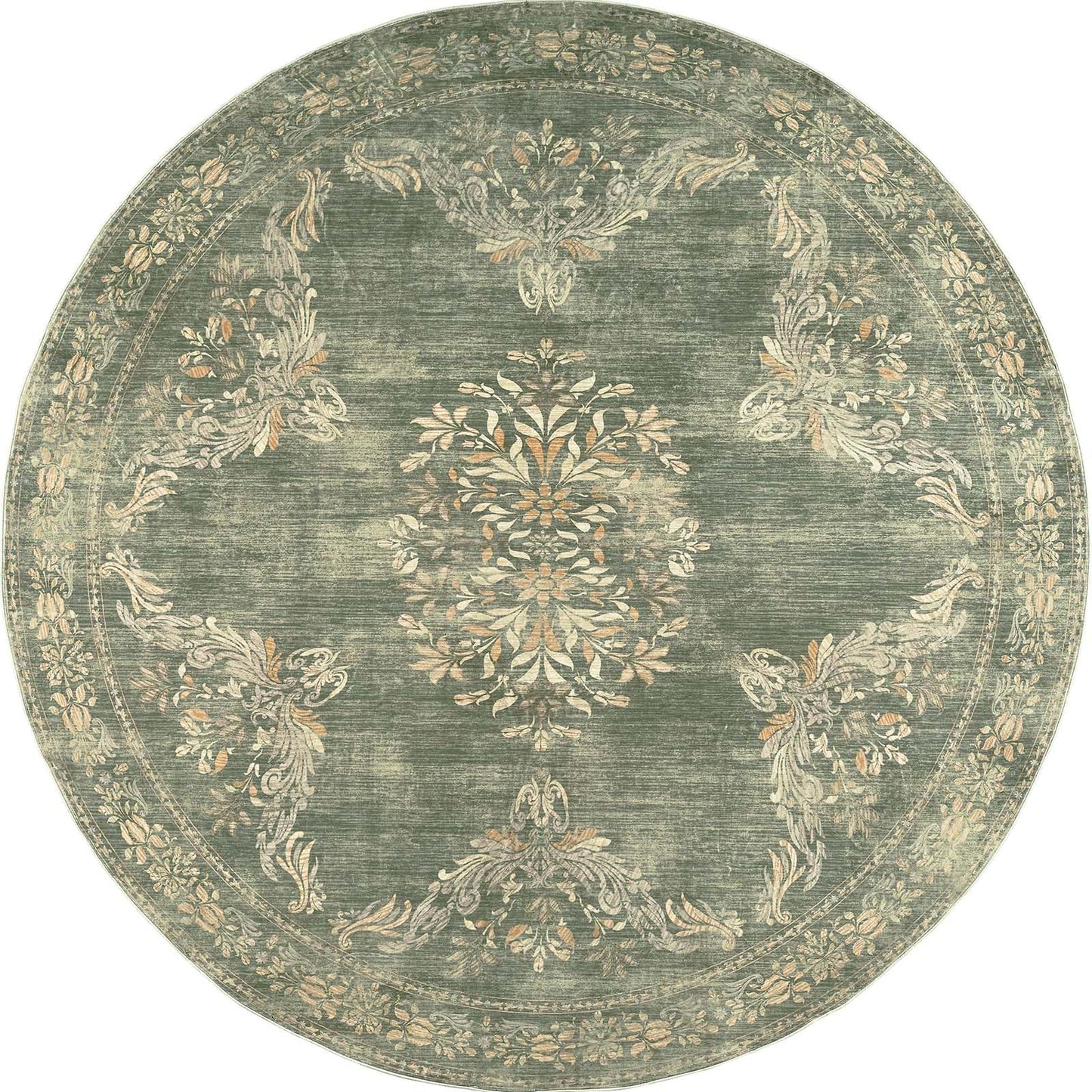 jinchan Round Rug 4ft Area Rugs Vintage Floral Distressed Design,Machine Washable Soft Non-Slip Low-Pile Ultra-Thin Circle Rug for Entryway Bedside Living Room Kitchen Nursery (4' Round,Dark Green)