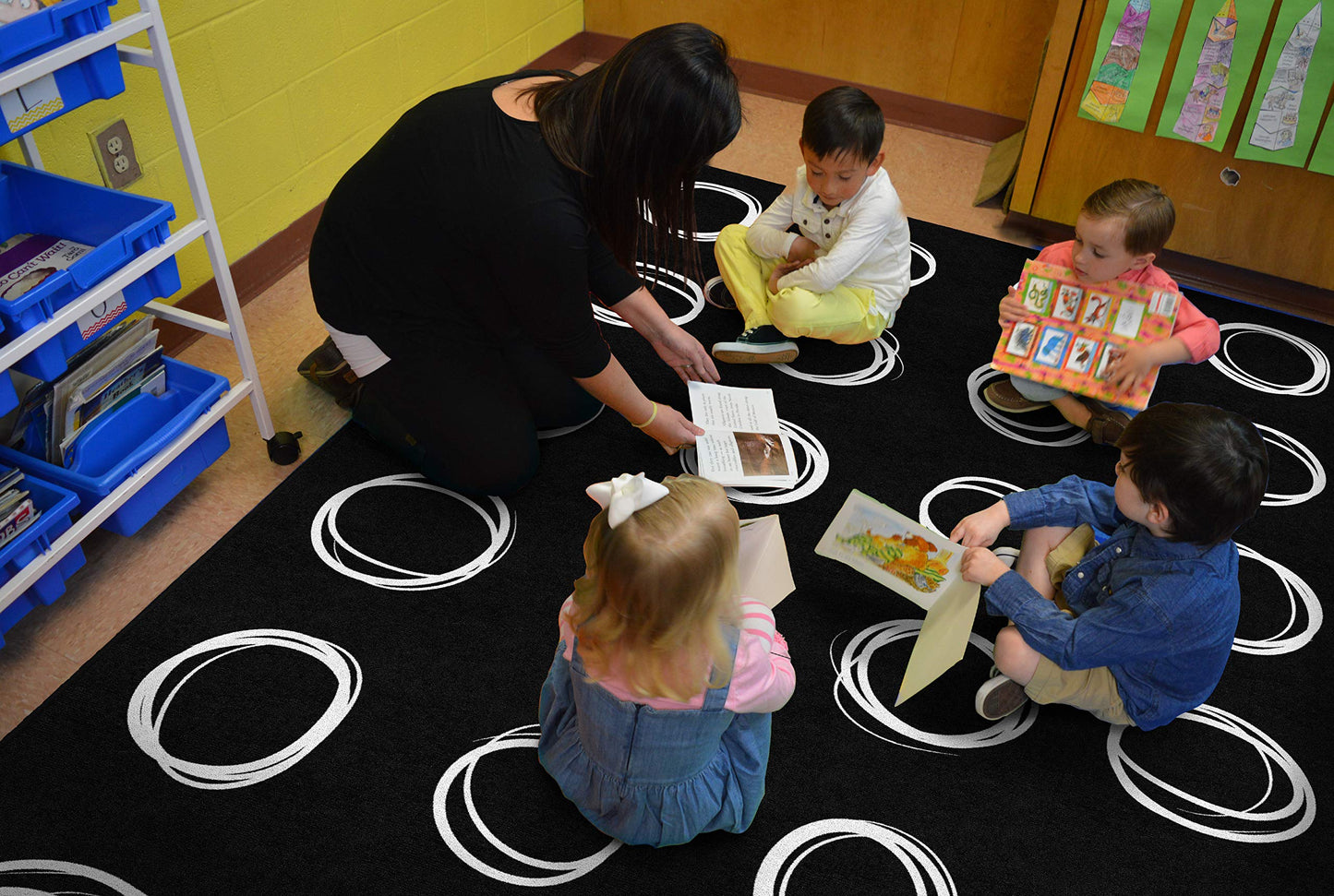 Flagship Carpets Circle Sampler Abstract Classroom Educational Area Rug for Kids and Teachers, Durable Quality for Schools, Preschool, Daycare, & Learning Centers, 7'6" x 12', Black