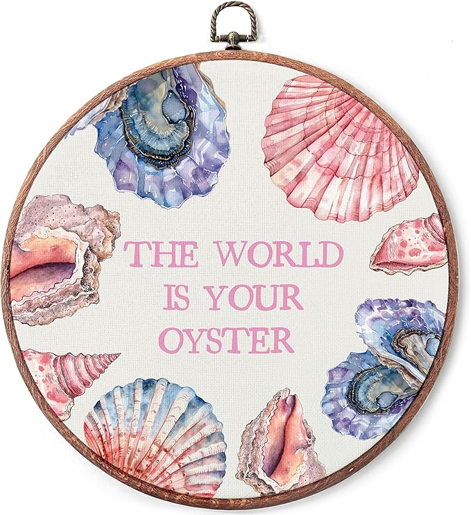 Threegoat The World Is Your Oyster Round Wall Art,Coastal Vintage Oyster Shell Wall Art Decor for Bedroom,Beach Ocean Nautical Framed for Coastal Prints Living Room Bathroom Decorations - A11