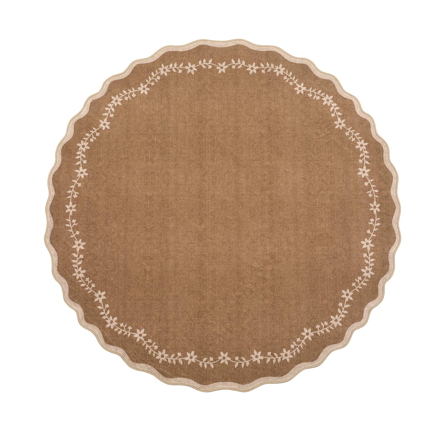 GarveeHome Round Area Rugs 4ft for Kids Room, Solid Brown Scalloped Washable Circle Rug Soft Non Slip Floral Print Floor Mat Carpet Indoor Thin Tent Rug for Bedroom Dining Room Playroom Nursery