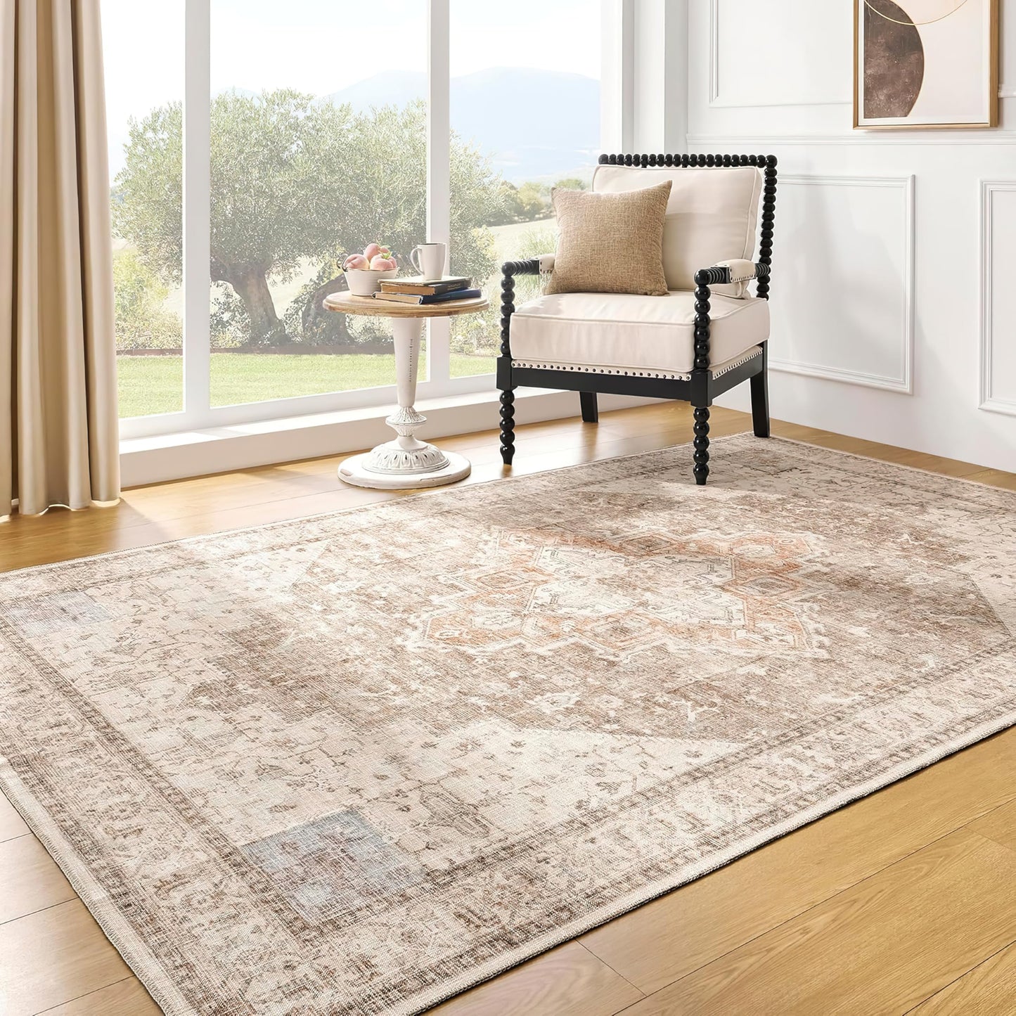 BILEEHOME Boho Neutral Living Room Rug 5x7,Washable Vintage Rustic Earth Tone Modern Farmhouse Persian Area Rugs for Dining Room Bedroom, Light Tan Brown Beige with Rust Terracotta Pattern