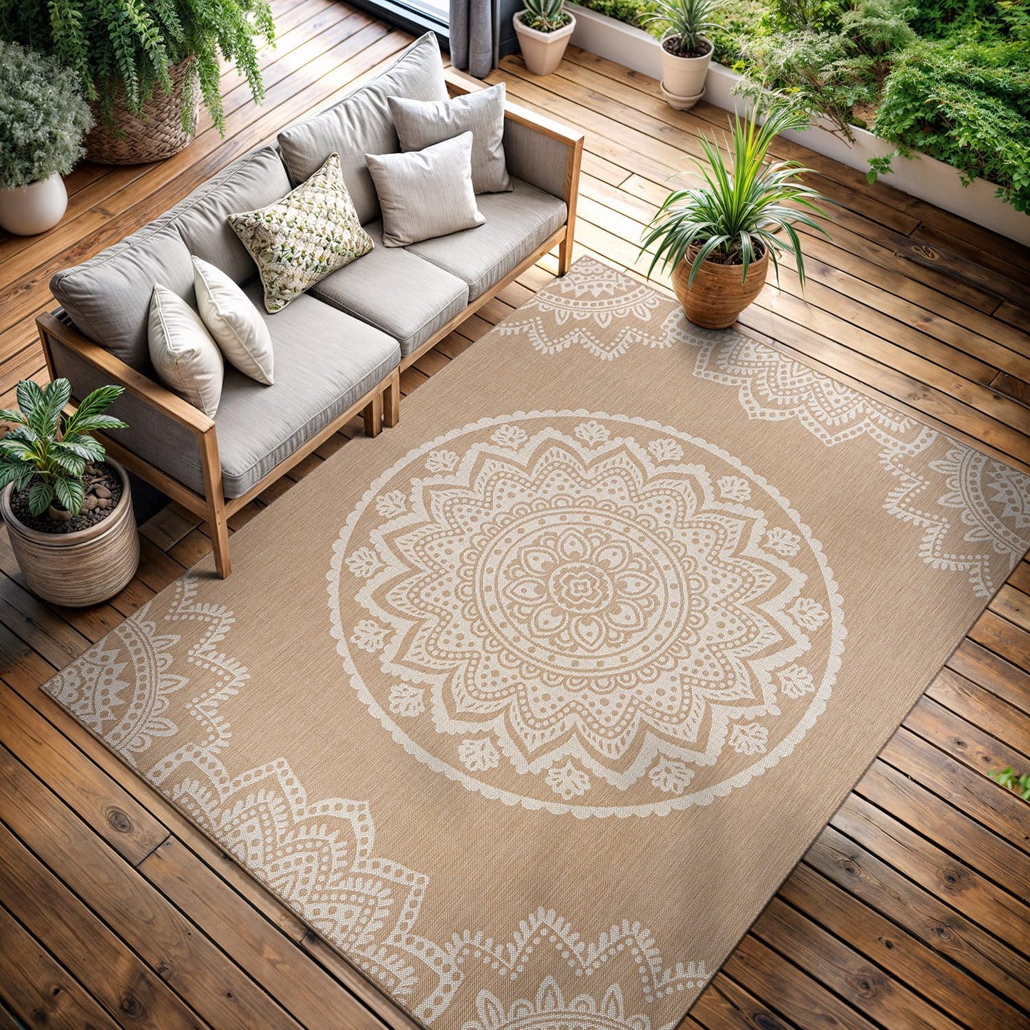 CAMILSON Outdoor Rug 8x10 Modern Area Rugs for Indoor and Outdoor Patios and Porches - Waterproof, Washable, Non-Shedding, Easy-to-Clean Outside Carpet (8 x 10, Medallion - Beige/White)