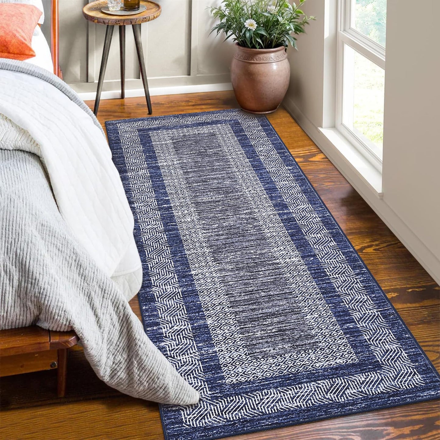 GarveeHome 2x6 Modern Bordered Runner Rug Soft Non Slip Runner Washable Non Shedding Floor Carpet, Distressed Geometric Hallway Runner, Indoor Printed Runner for Kitchen, Entrance, Blue