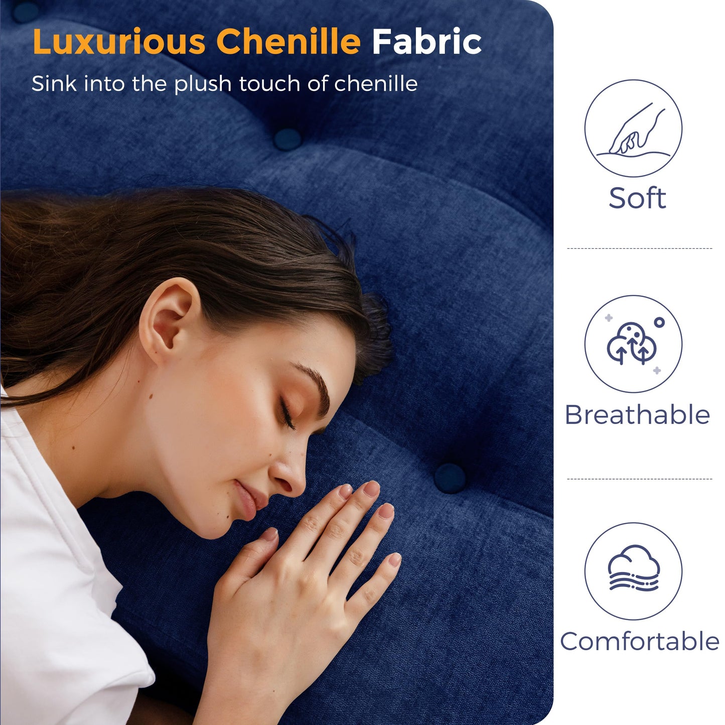 MAXYOYO 6" Folding Sofa Bed for Floor, Tufted Tri-Fold Floor Mattress with Chenille Fabric, Queen Size Portable Sofa Couch Guest Mat for Adults, Foldable Topper for Camping, Navy, 59"x78.7"