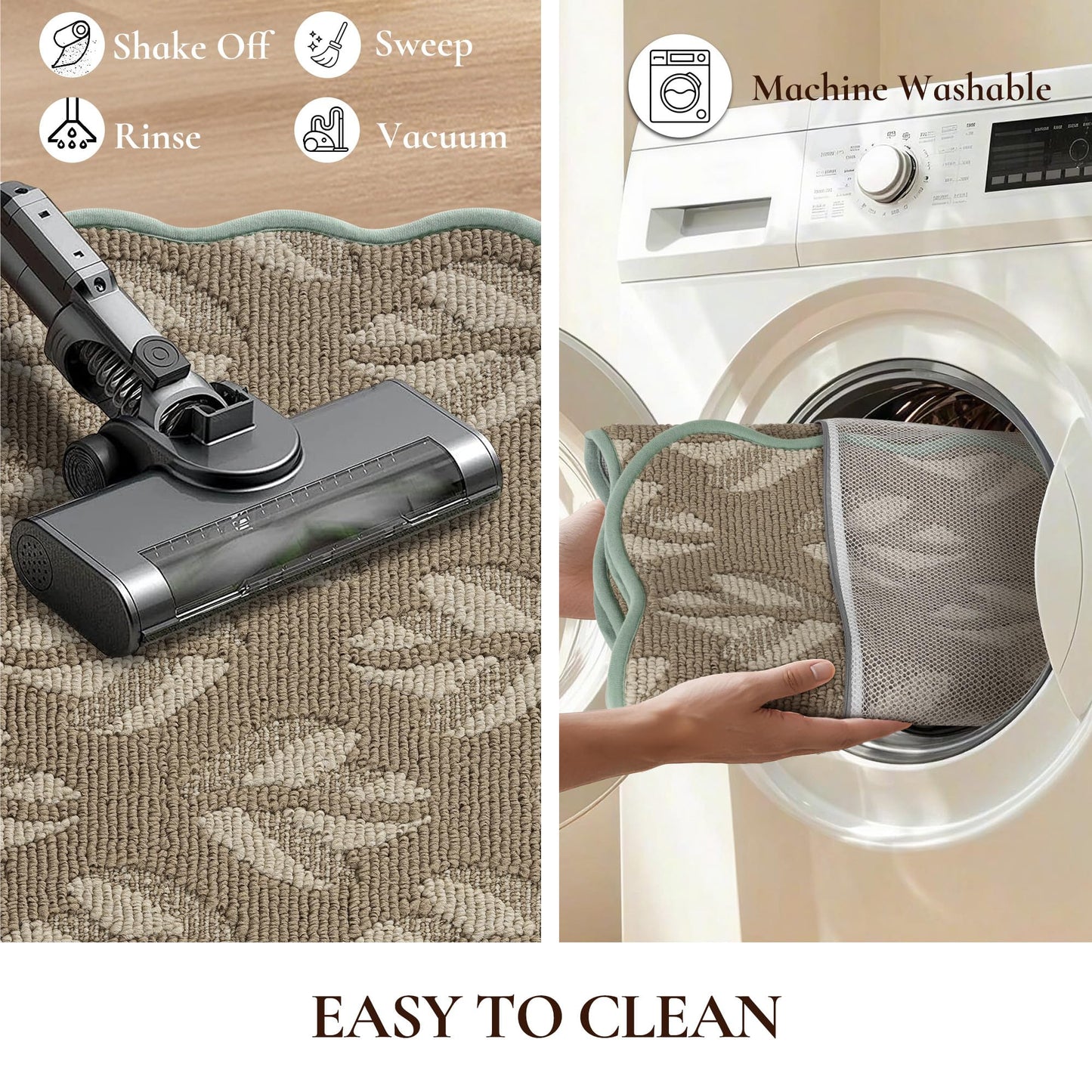 FLOORHUG Non-Slip Kitchen Rugs Set of 2, Scalloped Kitchen Mats for Floor, Absorbent and Stain Resist Kitchen Floor Mat, Washable Kitchen Runner Rug for Laundry&Sink, 17"x30"+17"x72", Leaf/Beige