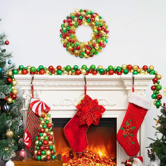 Amooca 16in Christmas Ball Wreath with LED Lights Front Door Window Decorative Hanging Ornaments Table Centerpiece Holiday Party Home Decoration Red Gold Green