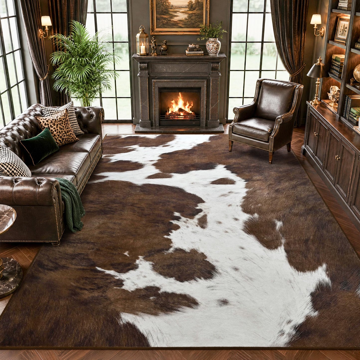 Foxmas Cow Print Rugs for Living Room Bedroom, 5x7 Washable Non-Slip Low Pile Indoor Floor Rug, Carpet for Dining Room Kitchen Office Western Home Decor, Brown
