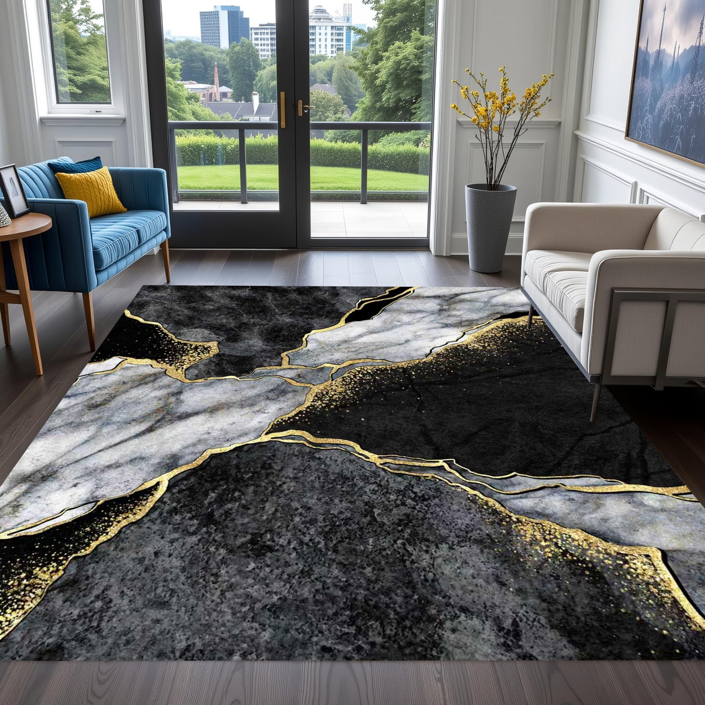 Modern Aesthetic Grey Black Gold Marble Abstract Area Rug 5x7 Non-Shedding Soft Rug for Livingroom Bedroom Diningroom Indoor Office Kitchen Floor Carpet