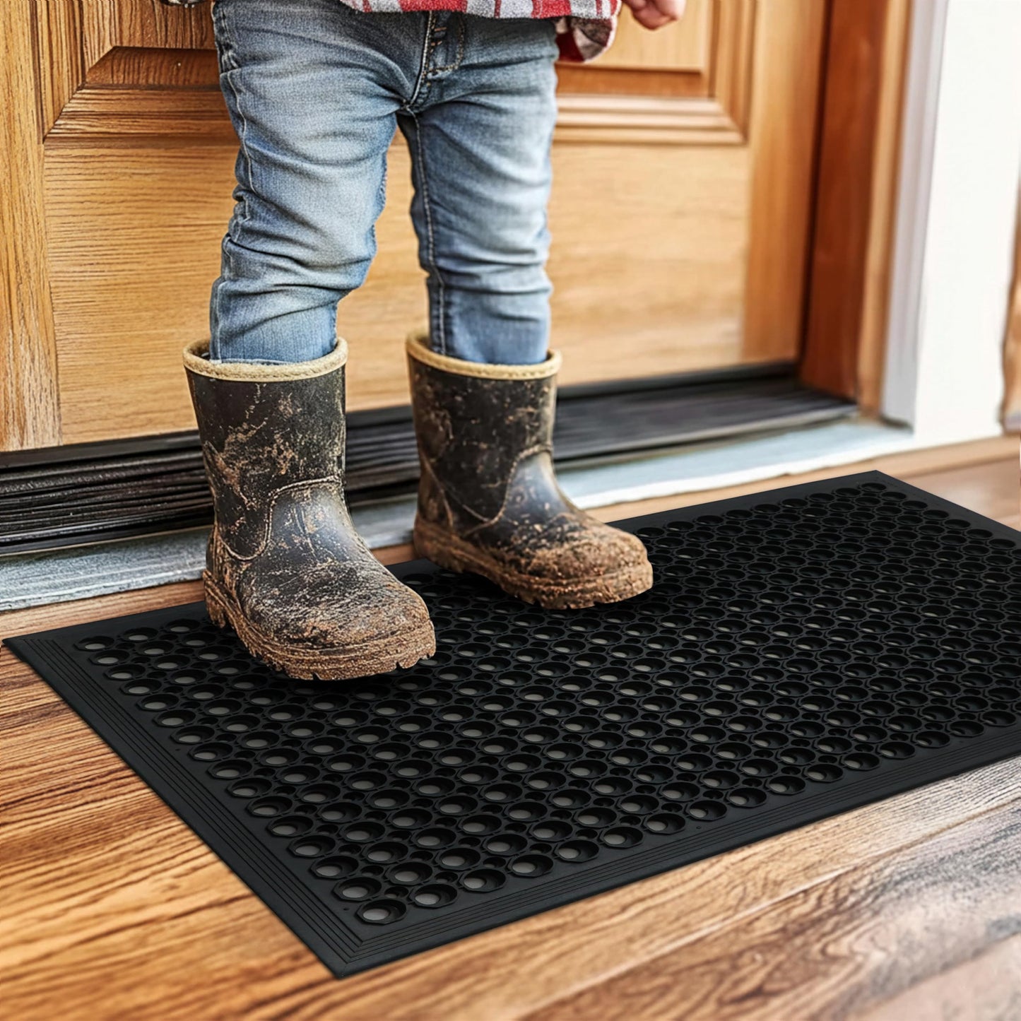 Croft&Cane Anti Fatigue Rubber Mat - 2 Pack 17x30 inches Drainage Floor Mat – Heavy Duty Non Slip Entryway Doormat - Indoor Outdoor Commercial Kitchen Bar Garage Safety Mat - Black