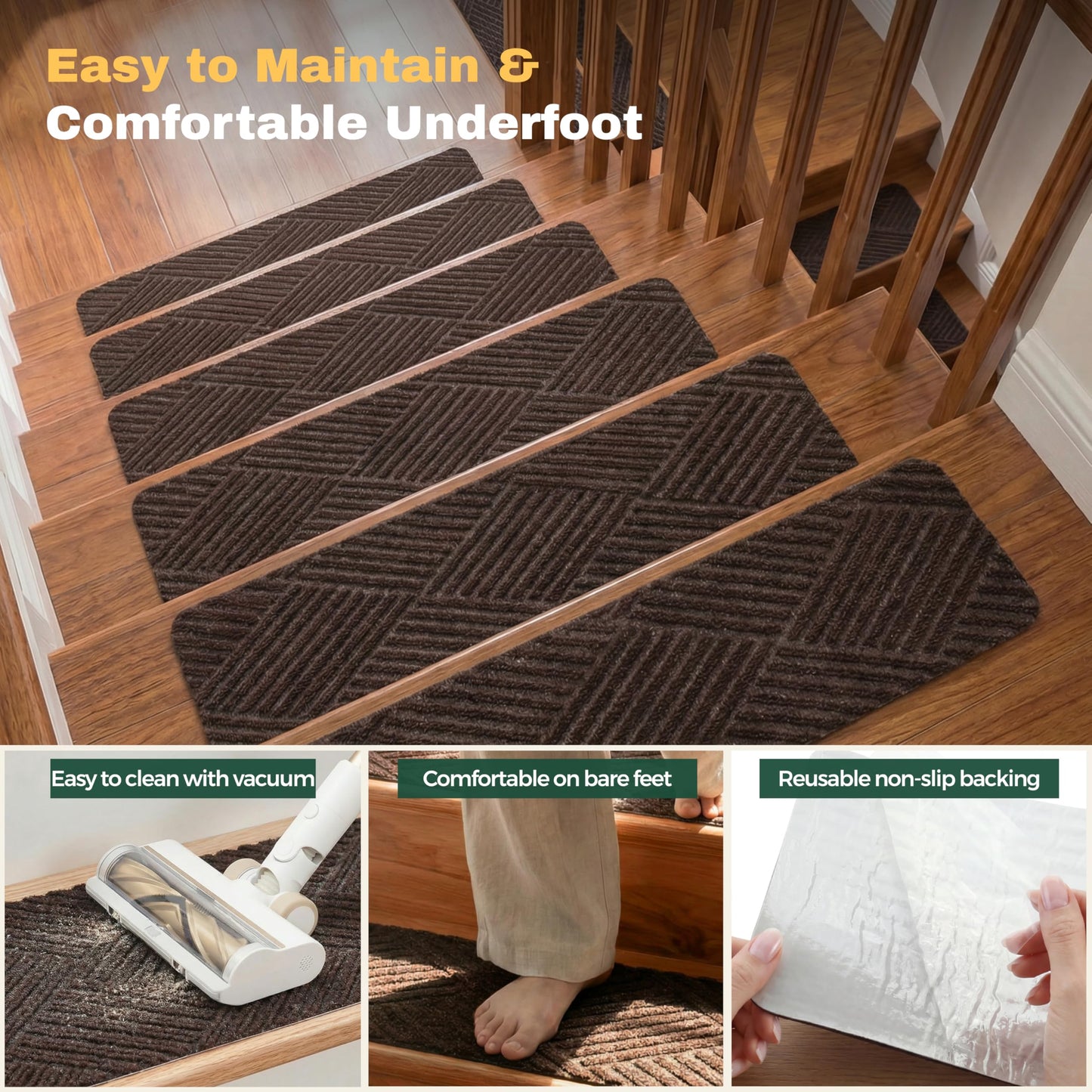 MBIGM 8 X 30inches, 15 in Pack, Non-Slip Carpet Stair Treads Non-Skid Safety Rug Slip Resistant Indoor Runner for Kids Elders and Pets with Reusable Adhesive, Brown Weave