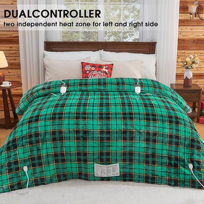 Electric Heated Blanket King Size, 90X100 Christmas Blanket with Dual Control&10 Heats Levels&Timer for Bed,Large Green Plaid Soft Sherpa Heating Blankets Warmer Gifts for Grandma Women Adults