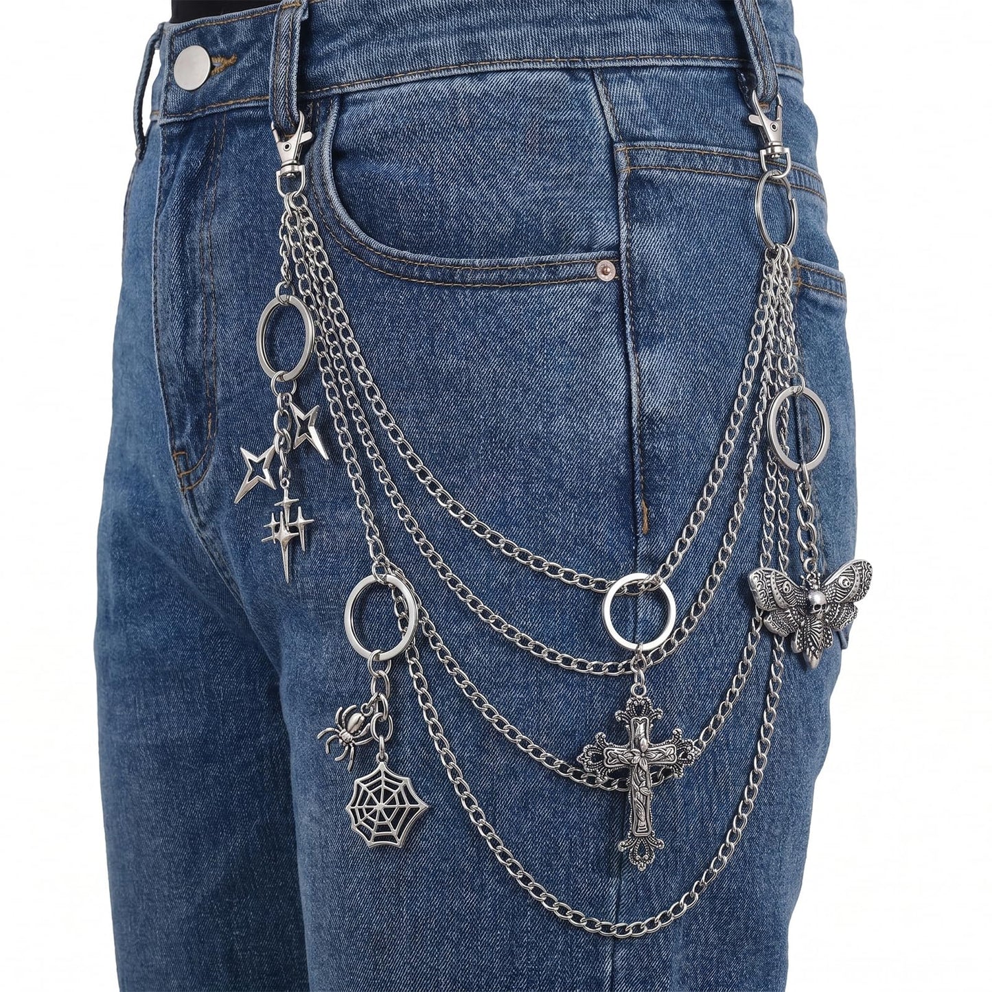 Thrist Punk Jeans Chains Keychain Set - 7 Pieces Y2K Goth Grunge EMO Layered Chunky Pants Chain Keychain Set Silver Star Belt Chains Keychains Jewelry Accessory for Women Men Jeans Bag Pocket Wallet