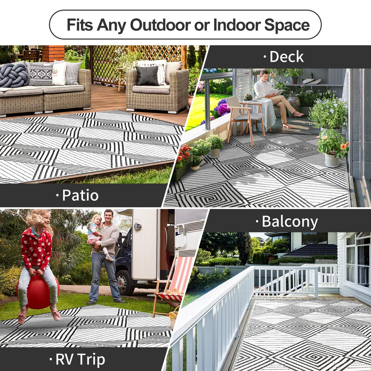 Waterproof Outdoor Rug 6x9ft, Foldable Reversible Plastic Straw Mat for Patio RV Deck Porch Backyard Balcony Camping Picnic Beach Indoor Outdoor Carpet, Black&White