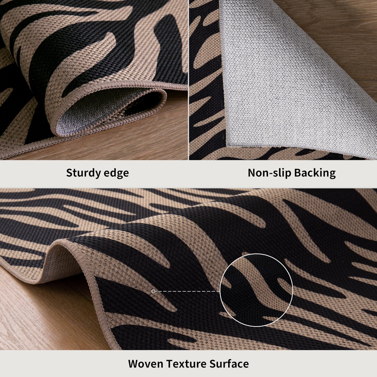 Tangsoo Modern Easy Jute 5x7 Large Washable Area Rugs for Dining Room,Black Non-Slip Thin Indoor Outdoor Rug,Neutral Zebra Pattern Print Mat for Living Room Home Office Backyard Patio