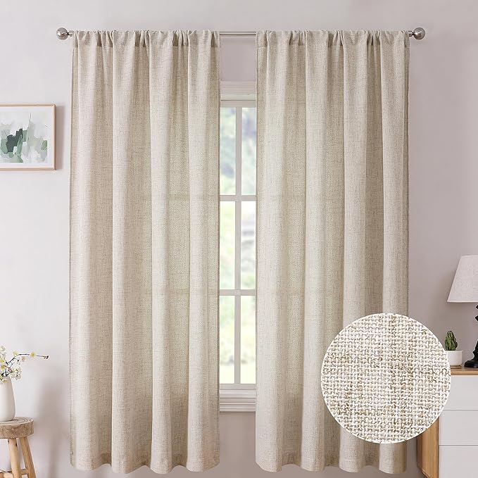 Tollpiz Short Linen Curtain Living Room Rod Pocket Semi Sheer Curtains Burlap Light Filtering Thick Linen Drape for Bedroom, 54 x 45 inches Long, Natural, Set of 2 Panels