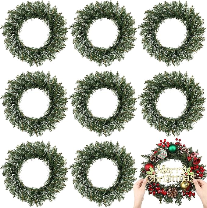 Zeyune Christmas DIY Green Wreath 14 Inch Artificial Christmas Wreaths Faux Plain Wreaths for Decorating Front Door Window Room Farmhouse Xmas Party Indoor Outdoor(Fresh,8 Pcs)