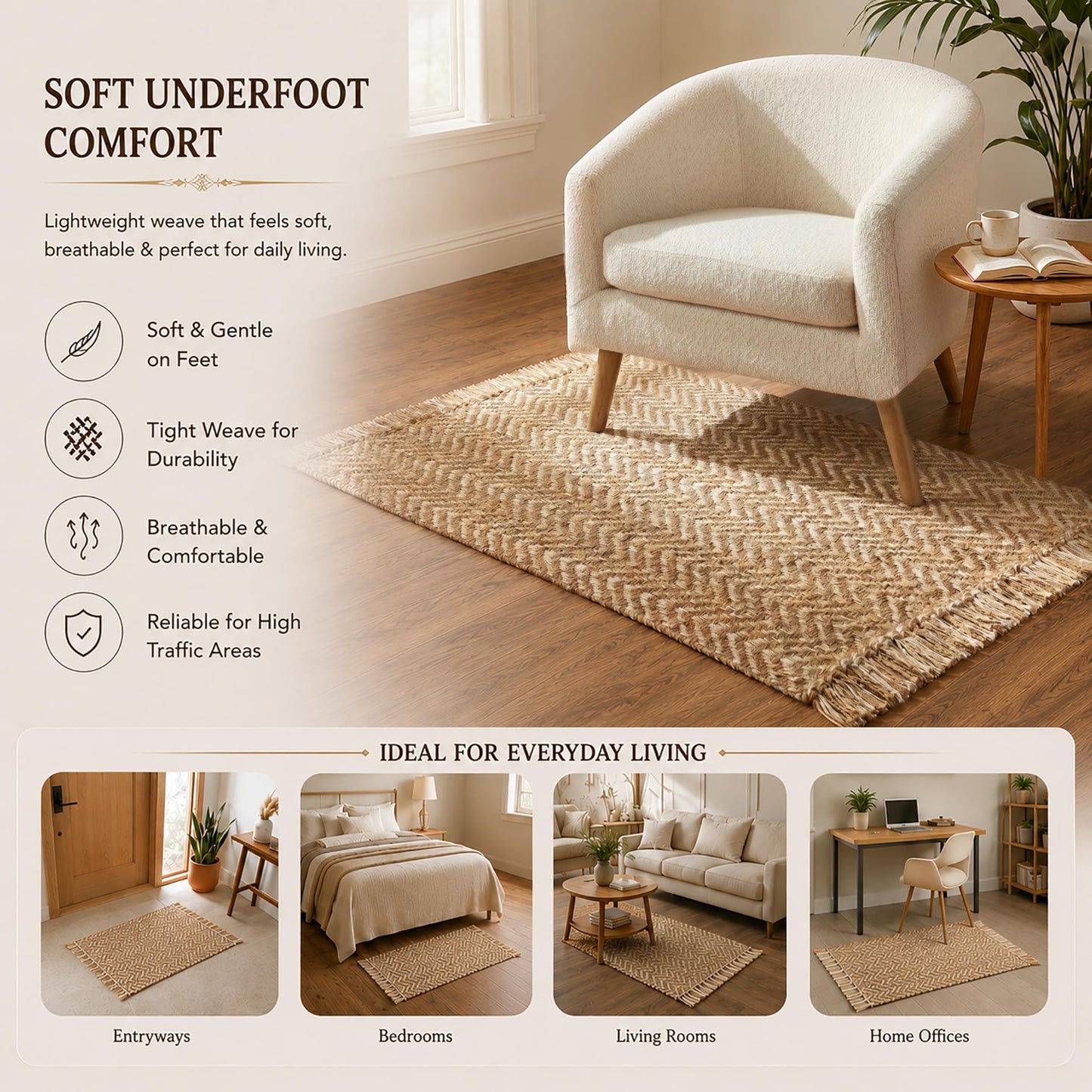 Chevron Weave with Fringes Woven Area Rug 2x3 Ft - Beige, Small Soft Decorative Reversible Front Door Mats Ideal for Entryway, Kitchen, Nursery, Office | Farmhouse Brown Accent Indoor Space Decor Mat