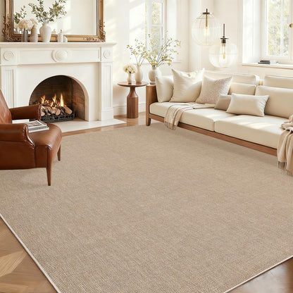 Garvee Modern Solid Washable Rug 8x10 Area Rug for Living Room Woven Textured Ultra-Thin Mat Non Slip Non-Shedding Indoor Floor Cover Foldable Farmhouse Carpet for Bedroom Office Dining Room Tan