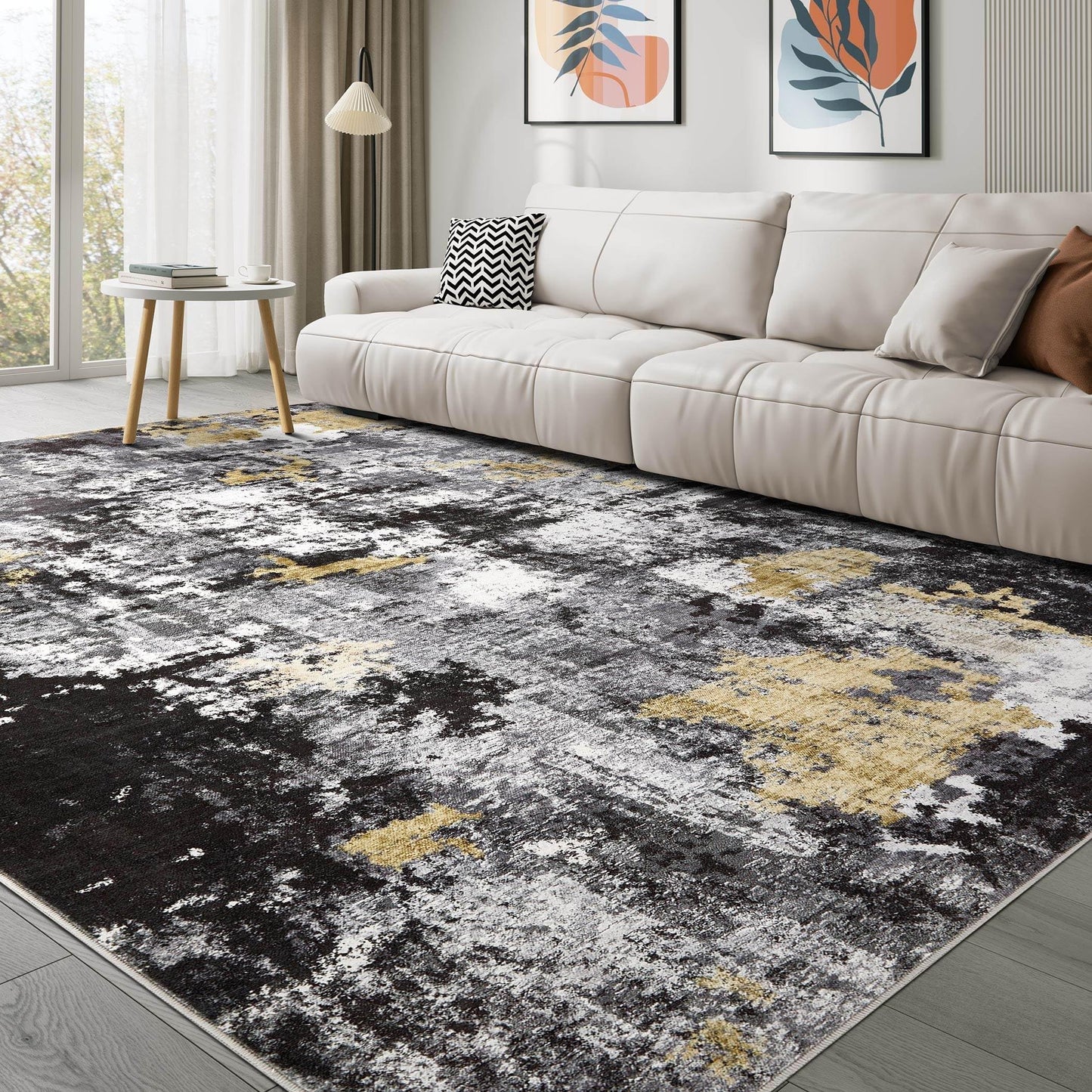 TARANCH Abstract 11x14 Area Rug: Machine Washable Non Slip Ultra Thin Low-Pile Carpet, Soft Stain Resistant for Living Dining Room Bedroom, Kid Pet Friendly, Robot Vacuum Compatible - Black Gold