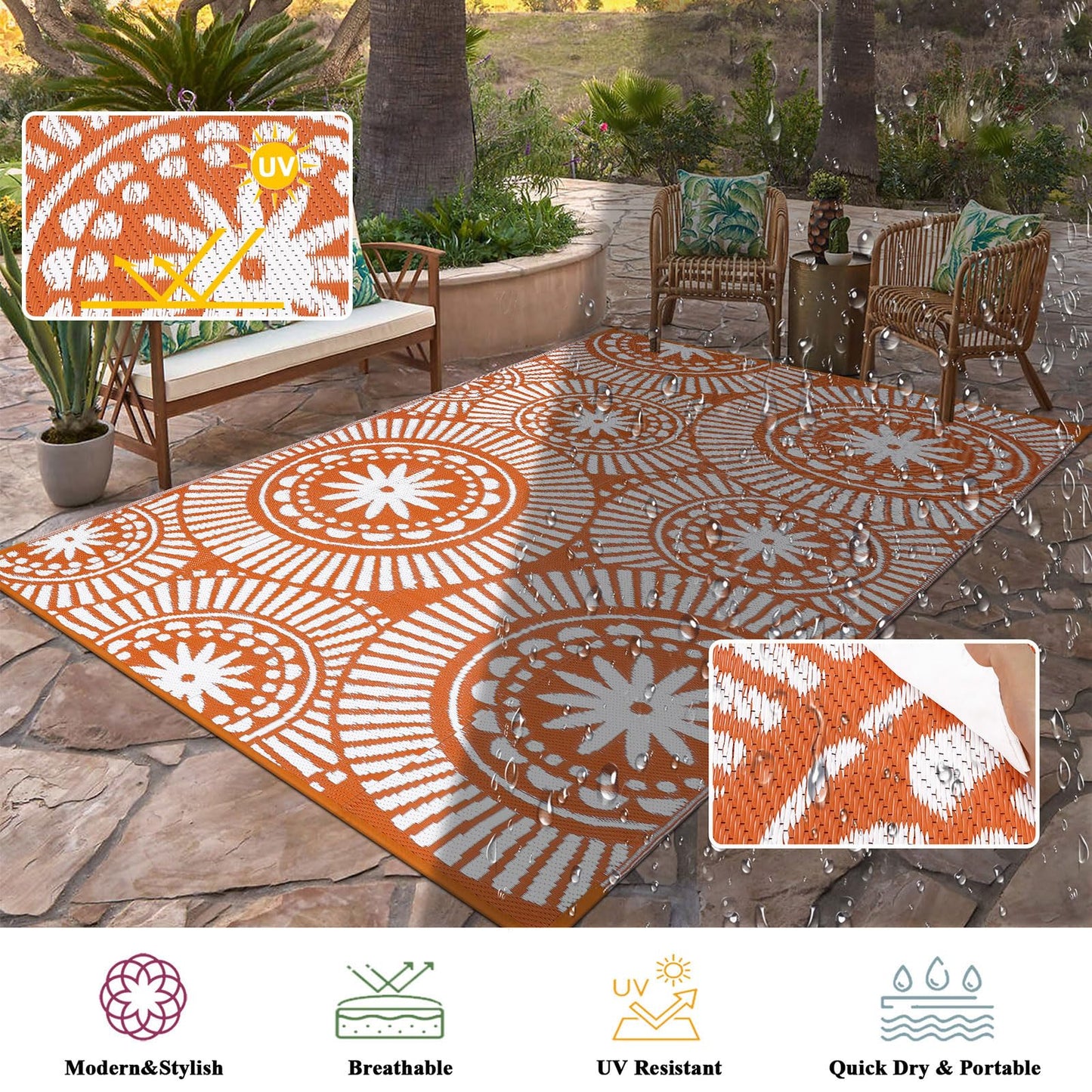 Ileading Outdoor Plastic Straw Rug 6x9ft Modern Geometric Style Reversible Patio Area Rugs Waterproof Non Shedding Portable Carpets for Rv Outside Deck Pool Beach Picnic Camping (Orange)
