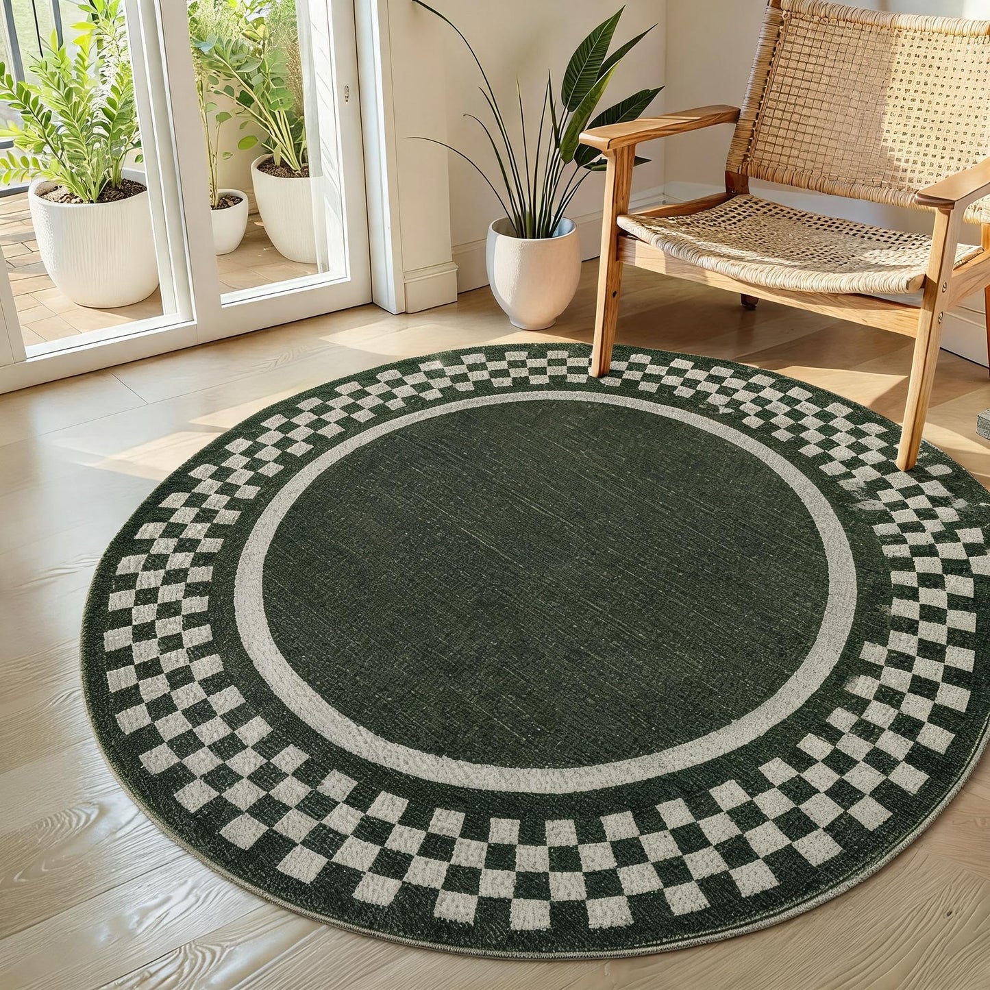 6ft Washable Round Rug for Entryway Modern Checkered Bedroom Circle Rug Non Slip Soft Dining Room Round Throw Carpet Large Stain Resistant Border Round Rugs for Living Room Kitchen Bathroom, Green
