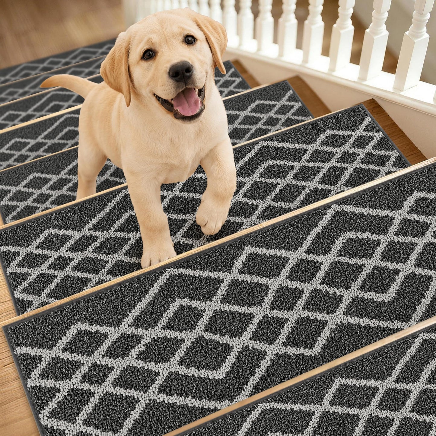COSY HOMEER Soft Stair Treads Non-Slip Carpet Mat 28inX9in Indoor Stair Runners for Wooden Steps,Stair Rugs for Kids and Dogs, 100% Polyester TPE Backing 7pcs,Black,Rhombus