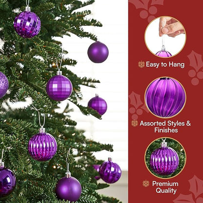 JOIEDOMI 24 Pcs Purple Christmas Balls Ornaments Set, 2.36" Christmas Tree Ornaments Shatterproof, Xmas Balls Hanging Decorations for Tree Wreath Garland Holiday Wedding Indoor Party Decor