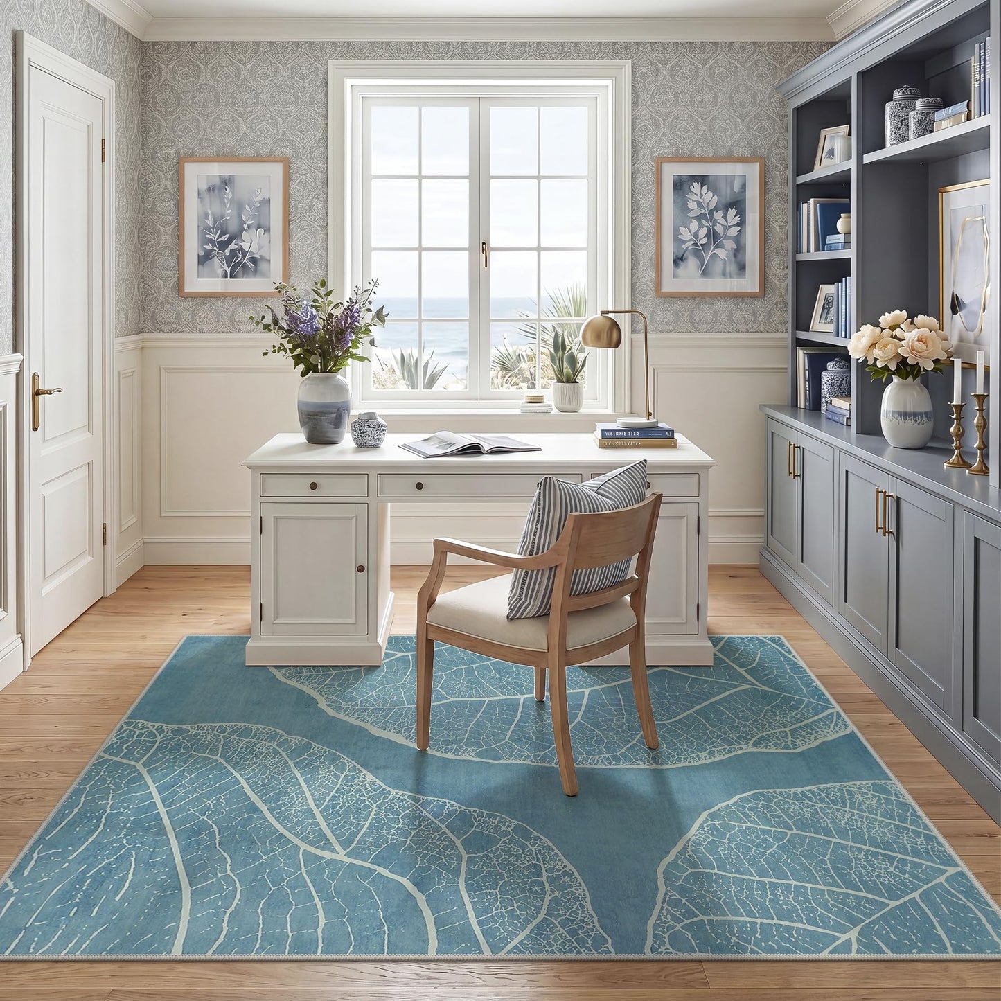 Tribesigns Abstract 5x7 Machine Washable Area Rugs for Living Room, Soft Rug for Bedroom Dining Room, Boho Non-Slip Low Pile Carpet for Entryway Kitchen Decor, Blue Botanical Leaf Print