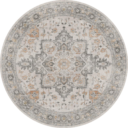GENIMO 5FT Round Area Rugs for Living Room, Circle Rugs Machine Washable Low Pile, Non Slip Vintage Rug for Bedroom, Dining Room, Home Office, Light Taupe Brown