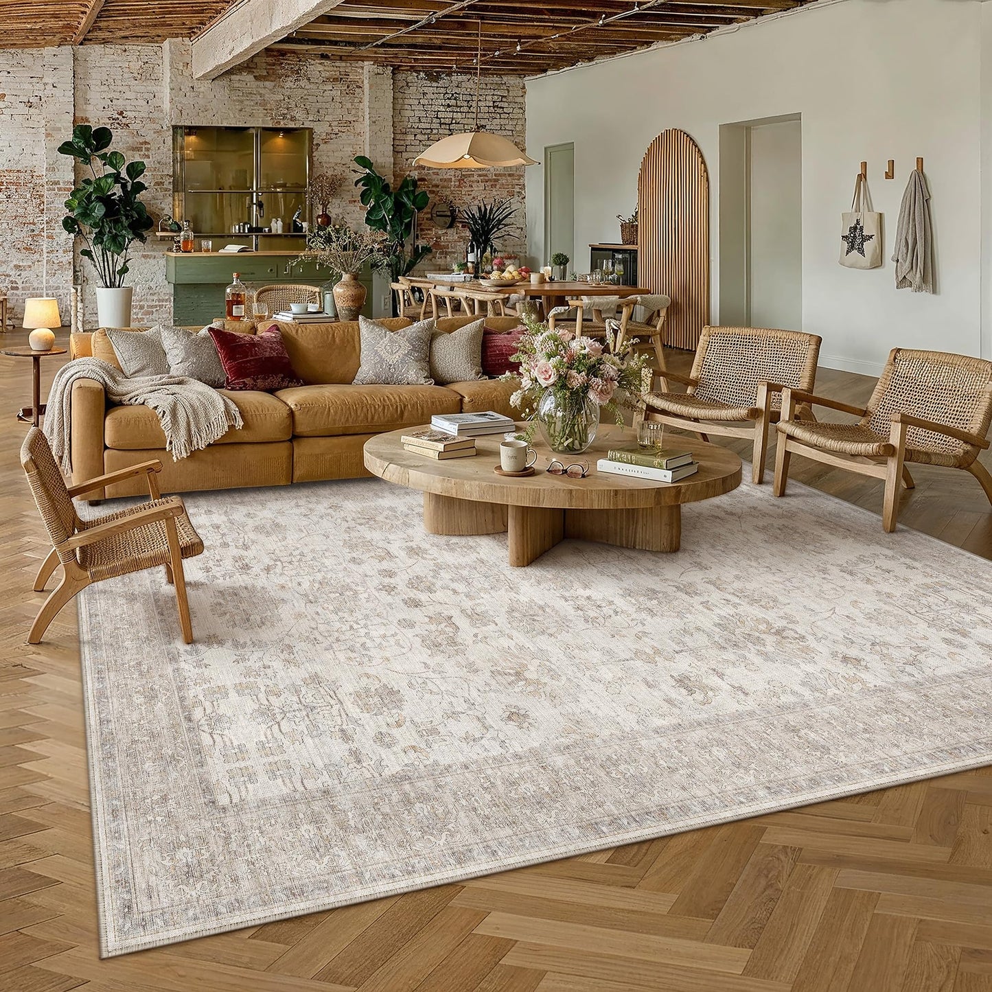 PureCozy 8x10 Living Room Area Rug Beige Washable Vintage Carpet Non Slip Low Pile Bedroom Traditional Distressed Large Throw Retro Rug for Dining Room Home Office