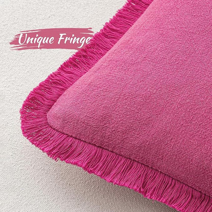 MIULEE Decorative Throw Pillow Covers Neutral Linen Fringe Throw Pillows Set of 2 Hot Pink Boho Farmhouse Cushion Covers with Tassels for Couch Sofa Bed Living Room Spring Home Decor 20x20 Inch