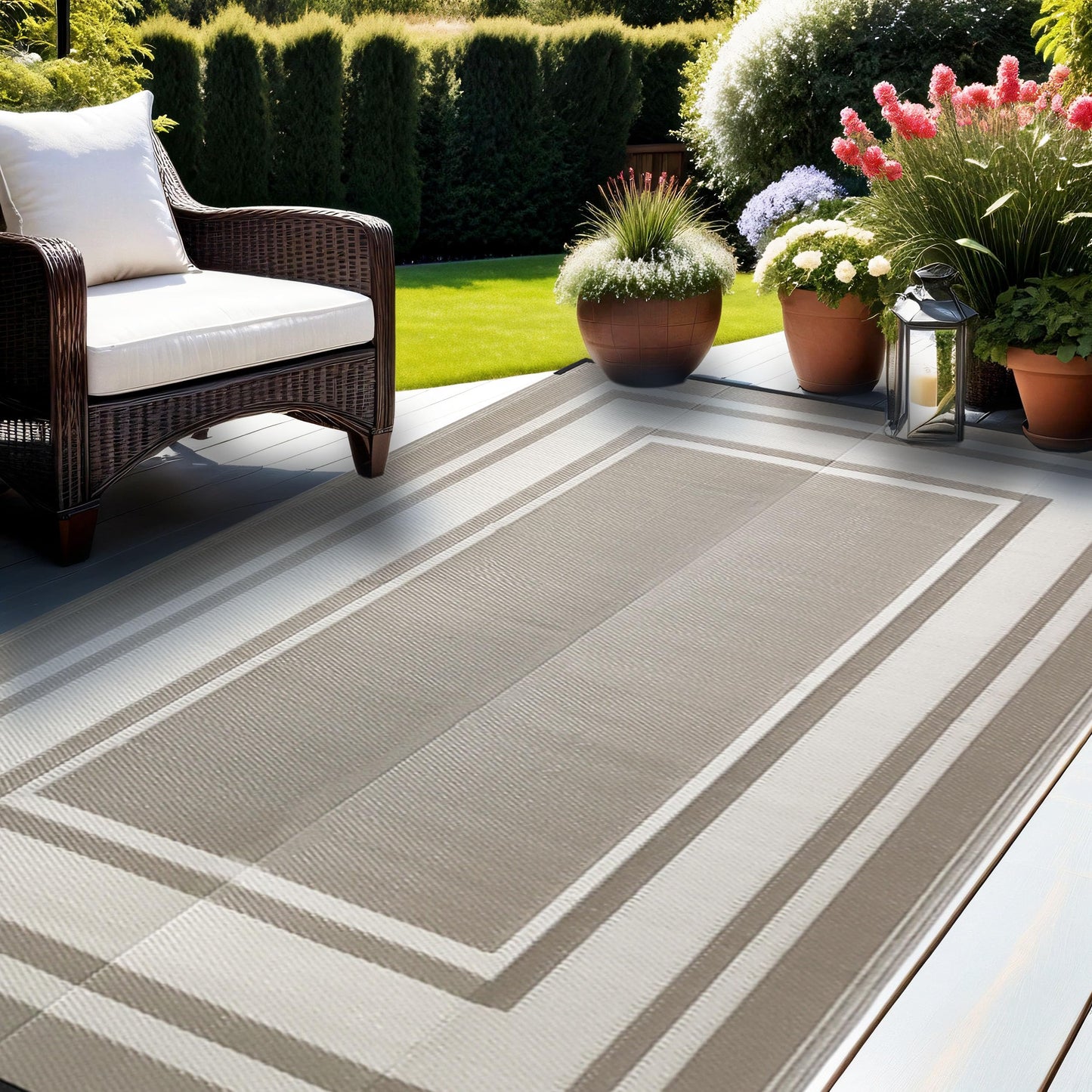 RURALITY Outdoor Rugs 5x8 for Patios Clearance,Waterproof Plastic Straw Mats for Porch,Deck,RV,Backyard,Balcony,Reversible,Recyclable,Easy to Clean,Modern Geometric