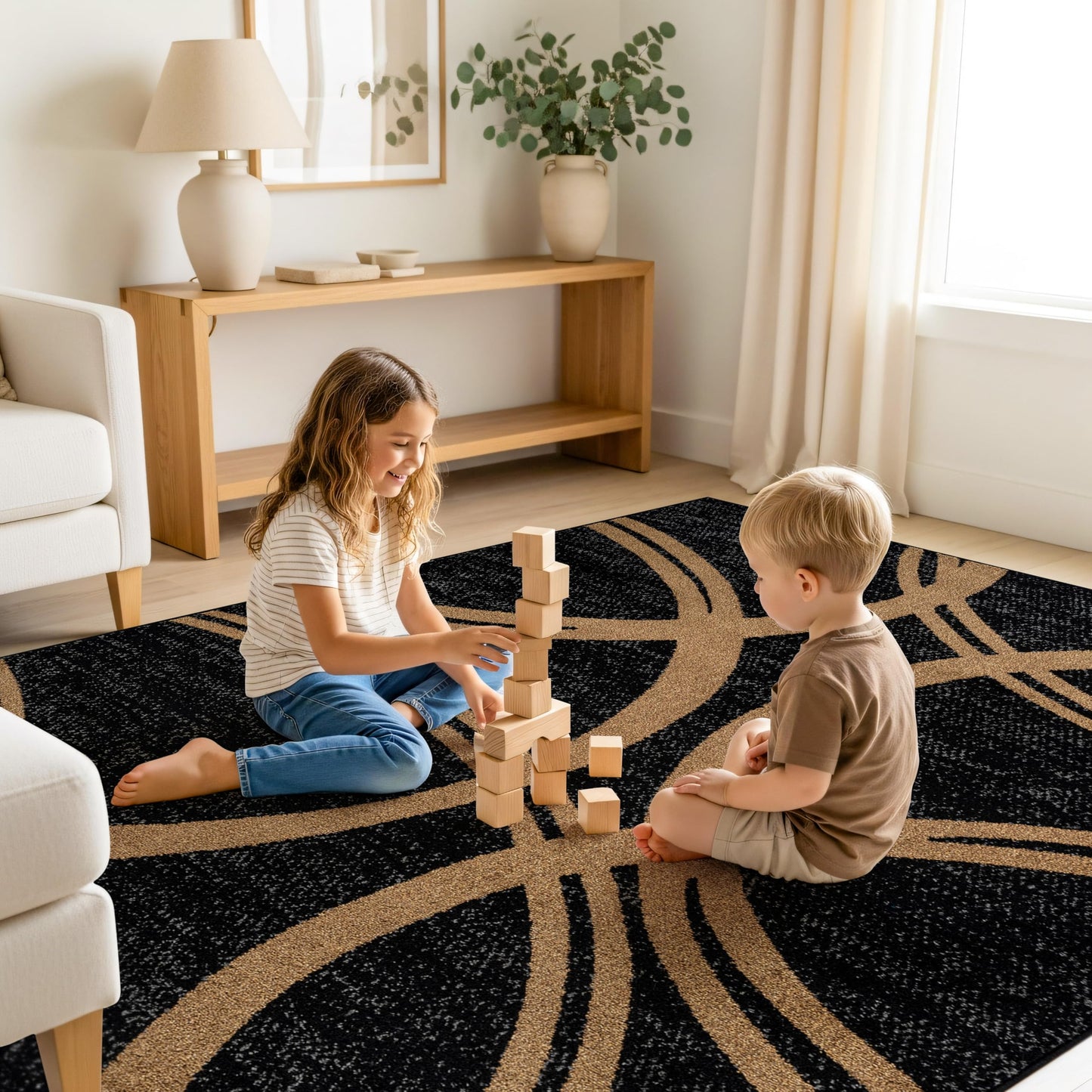 Rugshop Modern Wavy Circles Design Non-Shedding Area Rug, Carpet for Living Room, Dining Room, or Office,Grand Room,Open Spaces 5'3" x 7'3" Camel