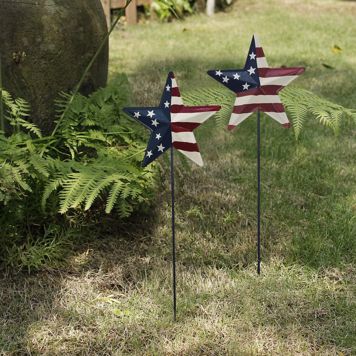 Metal Barn Star Yard Sign Patriotic Garden Stakes Hanging Ornament with Stake Outdoor 4th of July Lawn Decoration Party Supplies USA Flag Decor for Independence Day Memorial Day (E)