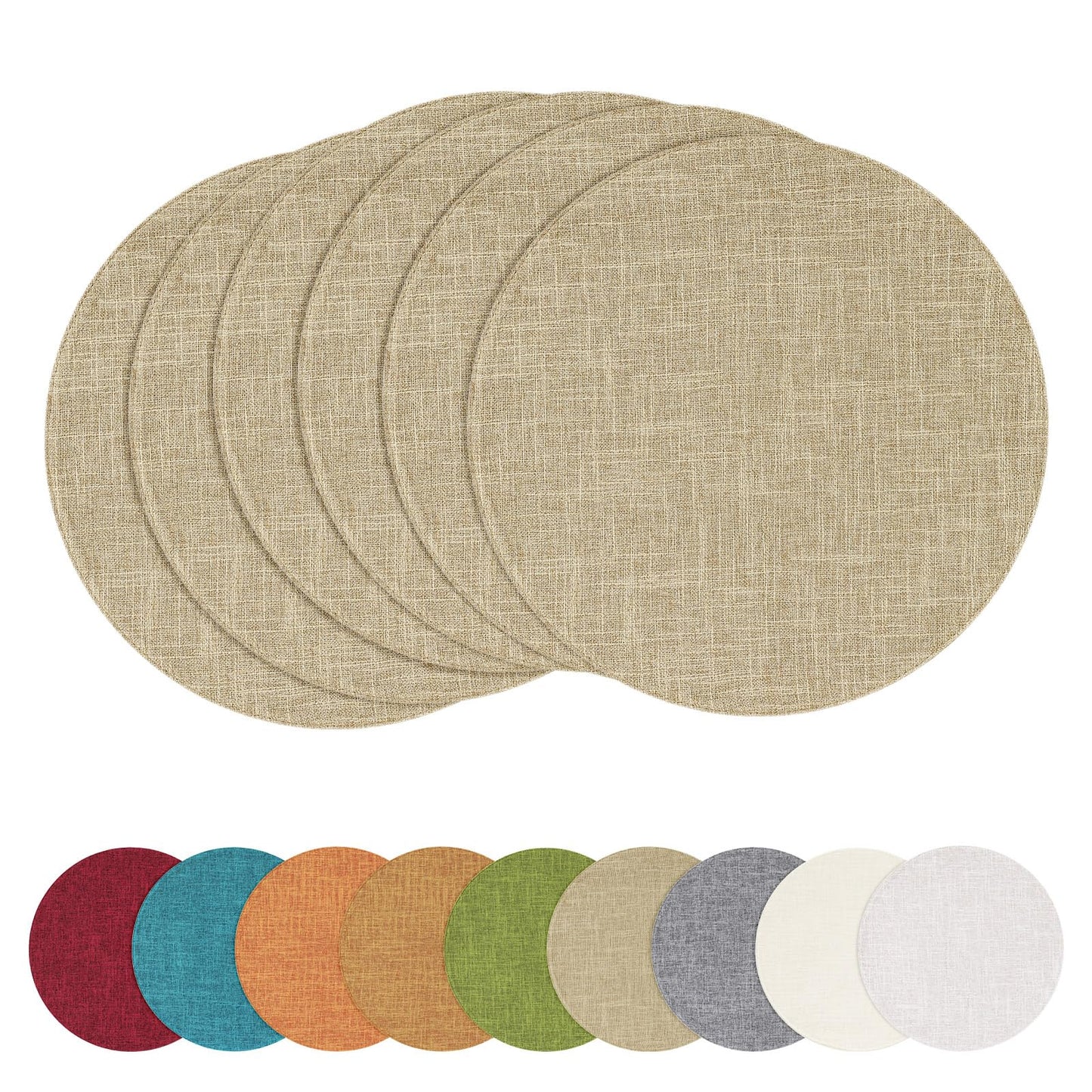 homing 15 Inch Round Cloth Placemats Set of 6, Cotton Linen Blend Washable Table Mats, Farmhouse Dining Place Mats for Indoors & Outdoors, Easy to Clean, Linen