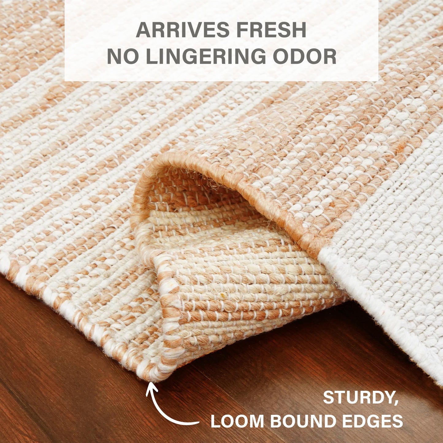 Homespice Reva Handwoven Jute Rug 4x6' - Dense & Thick Premium Handmade Natural Fibre Rugs for Bedroom and Office, Lays Flat, Won't Fray or Shed, Natural Brown with White Stripes