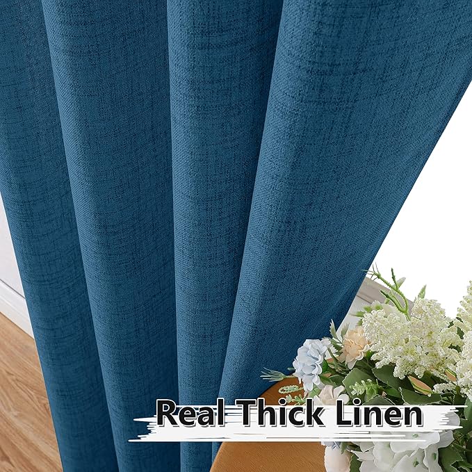 Tollpiz Linen Curtains Bedroom Rod Pocket Semi Sheer Curtain Burlap Light Filtering Thick Linen Drapes for Living Room, 54 x 84 inches Long, Classic Blue, Set of 2 Panels