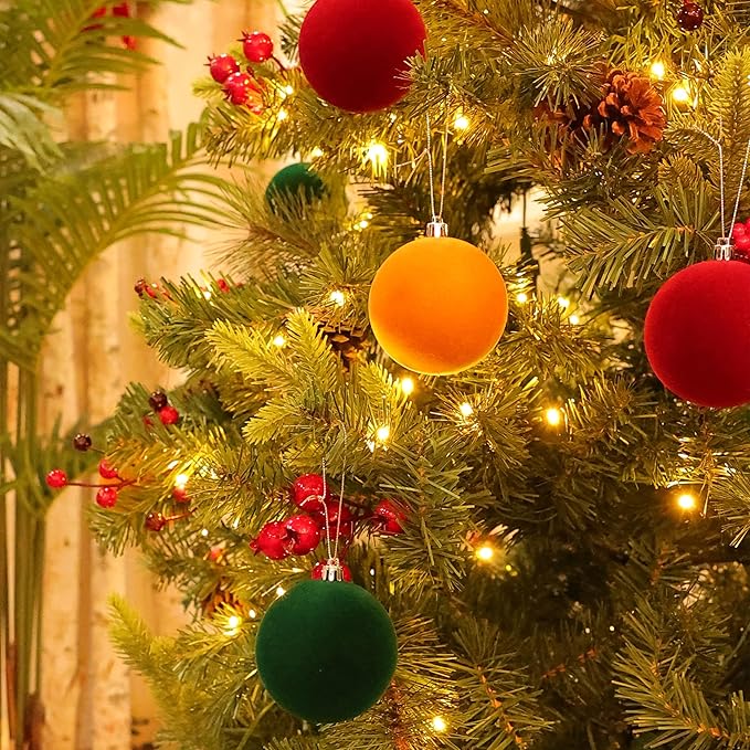 Amooca 3.15in Large Christmas Balls Ornaments Flocking Xmas Tree Hanging Decoration New Year Holiday Party Baubles 6pc Set Red Orange Green